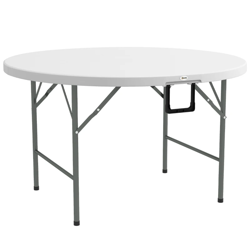 Outsunny Folding Garden Table, Φ122 cm Round HDPE Outdoor Picnic Table for 6, Metal Frame for Patio, Park, White
