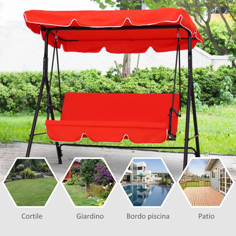 Outsunny Dondolo da Giardino 3 Posti con Tetto e Struttura in Acciaio, Rosso