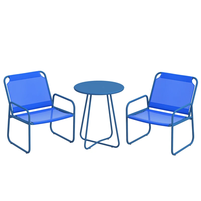 Outsunny Ensemble de jardin 3 pièces, salon de jardin, 2 fauteuils 1 table ronde, acier et tissu mesh, bleu marine