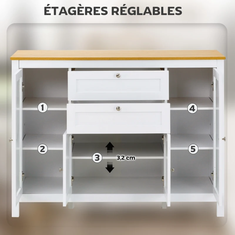 HOMCOM Buffet Salle à Manger avec 2 Portes Vitrées, Meuble de Rangement avec Étagères Réglables 2 Tiroirs 1 Placard, Style Moderne, 120 x 40 x 90 cm, Bois Naturel et Blanc(m-5)