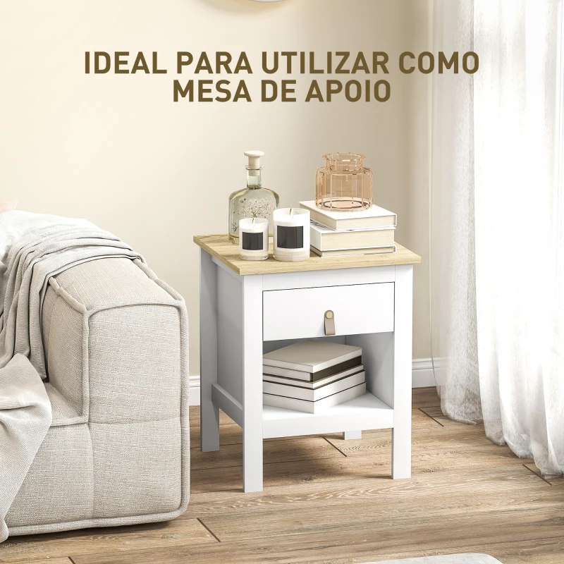 HOMCOM Mesa de Cabeceira Moderna Mesa de Cabeceira com 1 Gaveta Compartimento Aberto Puxador de PU  45x40x55 cm Branco