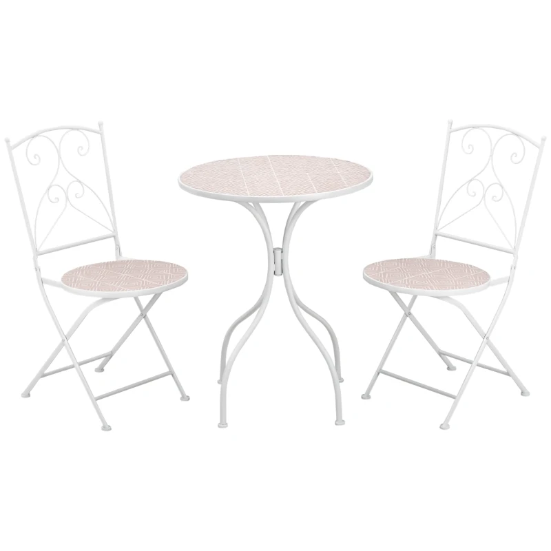 Outsunny Ensemble de jardin bistro 3 pièces 2 chaises pliantes et table ronde en métal époxy et plateau mosaïque - blanc