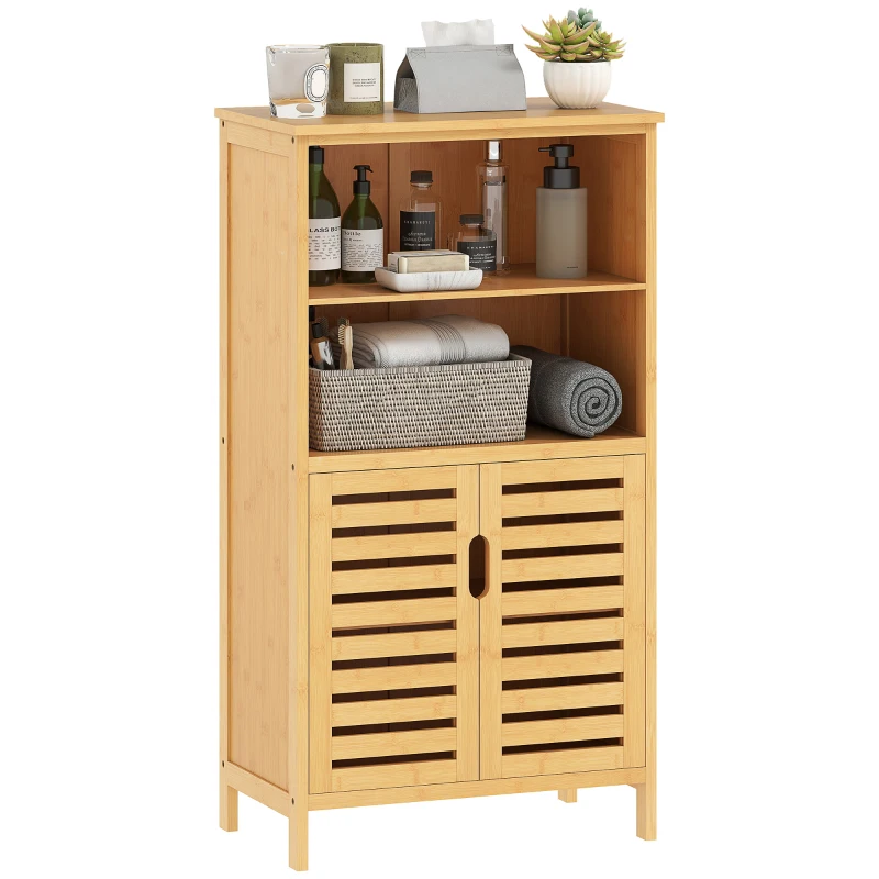 kleankin Meuble de rangement salle de bain en bambou avec 2 portes ajourées et 2 compartiments 50 x 29 x 92 cm naturel