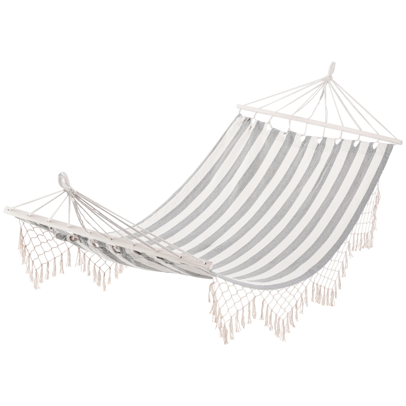 Outsunny Cama Rede de Jardim 200x100 cm Rede Suspensa com Travessas de Madeira para Pátio Varanda Campismo Creme e Cinza