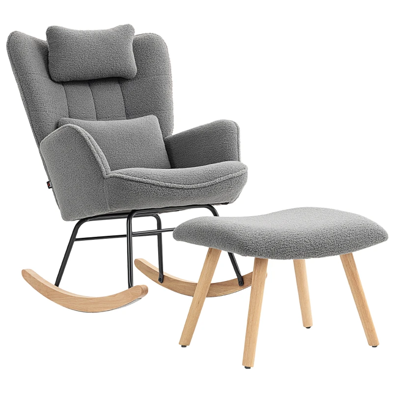 HOMCOM Fauteuil à bascule avec repose-pieds, revêtement en molleton doux, pieds en bois, coussin, dossier haut, fauteuil à bascule, Gris foncé