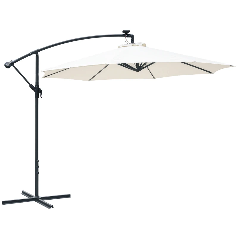 Outsunny Ombrellone da Giardino a Braccio 3x2.5 m con Manovella e 8 Strisce LED a Energia Solare, Crema