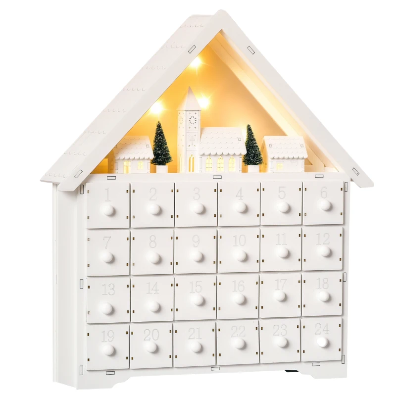 HOMCOM Calendario dell'Avvento in Legno da Riempire con 24 Cassetti e Villaggio di Natale con Alberi e Luci, 39x9x42cm