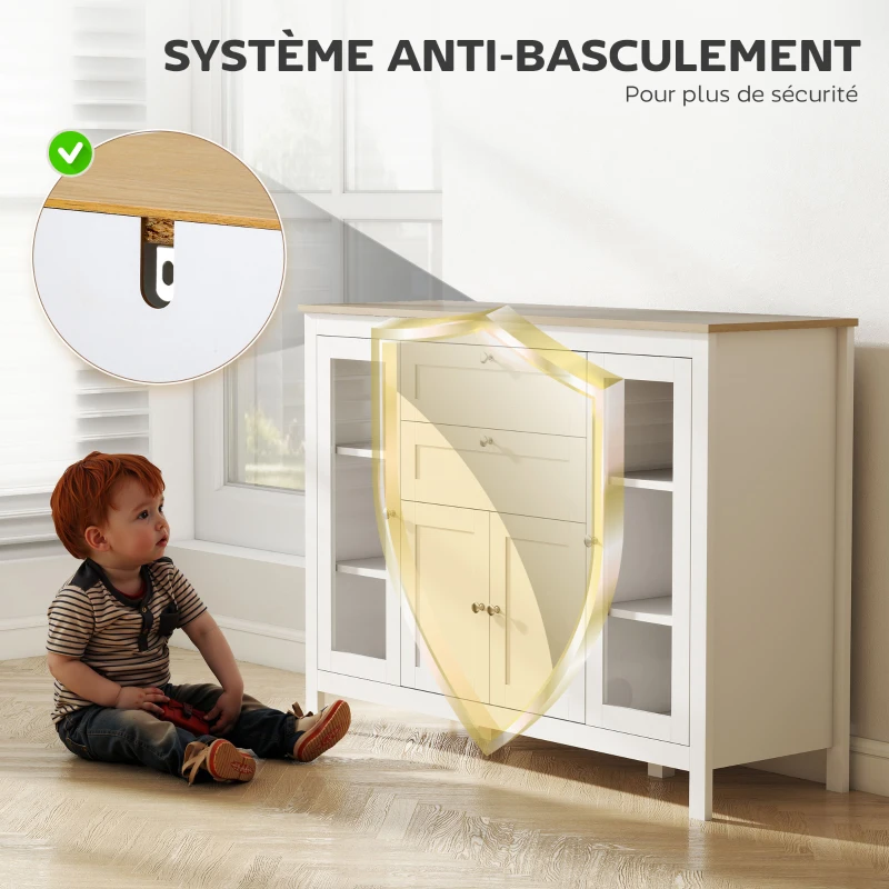 HOMCOM Buffet Salle à Manger avec 2 Portes Vitrées, Meuble de Rangement avec Étagères Réglables 2 Tiroirs 1 Placard, Style Moderne, 120 x 40 x 90 cm, Bois Naturel et Blanc(m-7)