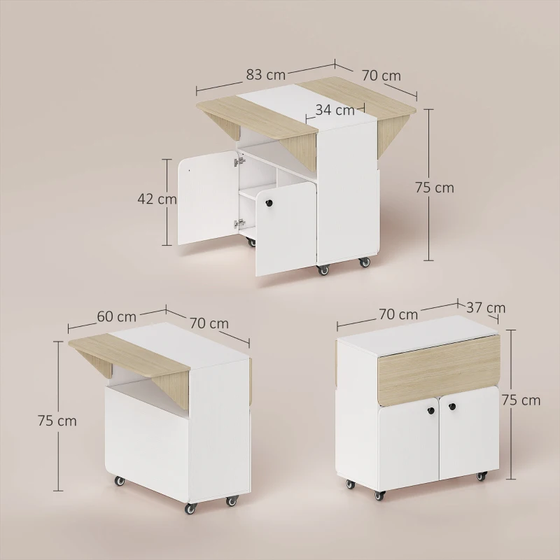 HOMCOM Klapptisch Rollschrank, zwei klappbare Tischseiten, Schrankfach, 4 Rollen, Weiß+Naturholz, 70 x 83 x 75cm(m-3)