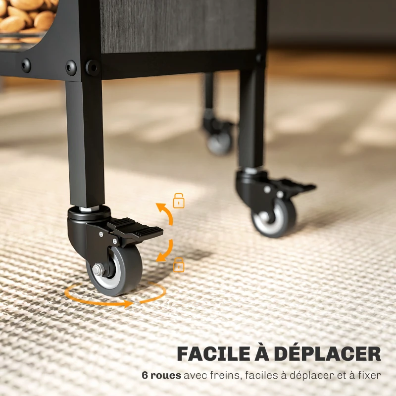 HOMCOM Table pliante de cuisine extensible salle à manger sur roulettes jusqu'à 6 personnes étagère intégrée, 6 roues, Gris