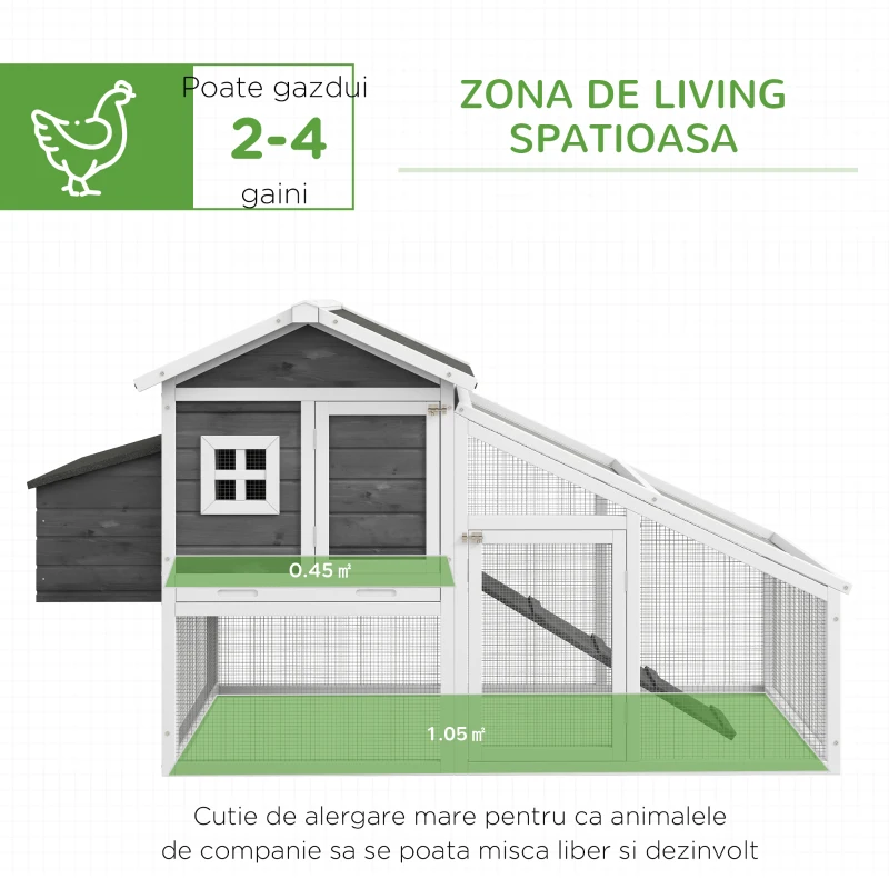 PawHut Cusca pentru Gaini Outoare sau Rate, Cotet Prefabricat din Lemn de Brad cu Acoperis Impermeabil, 178x95x100 cm, Gri