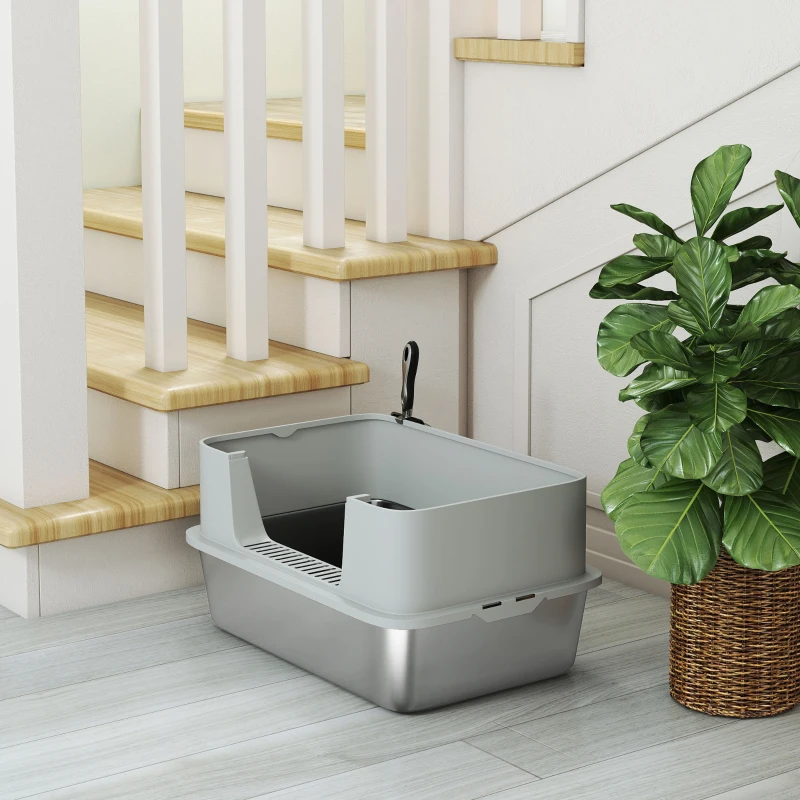 PawHut Lettiera per Gatti in Acciaio Inossidabile XL con Bordo Alto Paletta Facile da Pulire Antisperoni 60x40x29,5 cm Grigio