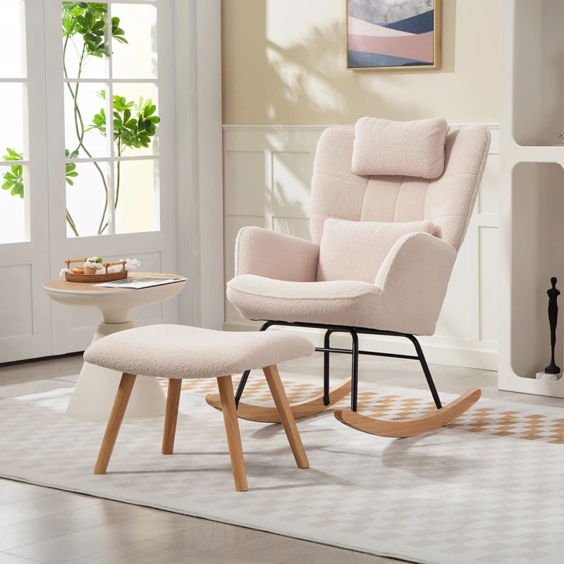 HOMCOM Fauteuil à Bascule avec Repose-Pieds, Revêtement en Peluche Douce, Pieds en Bois, Coussin, Dossier Haut, Fauteuil à Bascule, Beige