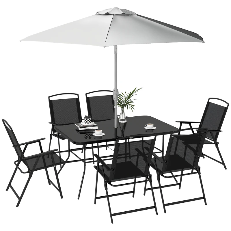 Outsunny Set de grădină cu Masă, 6 Scaune Pliante și Umbrelă de Soare cu Manivelă, Set pentru Exterior din 8 piese, 140x90x70 cm, Gri