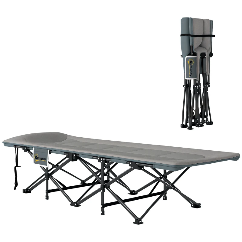Outsunny Pat de Camping Pliabil cu Pernă Integrată și Buzunar Lateral, 187x67x37 cm, Gri