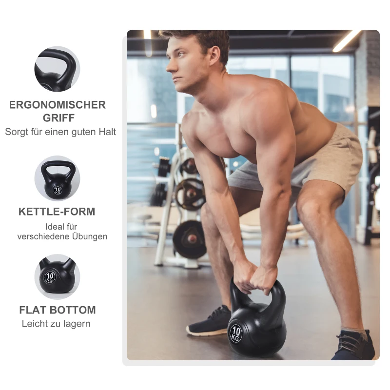 HOMCOM Kettlebell 10 kg - Gewichtshandvat met zand gevuld voor beginners, Zwart