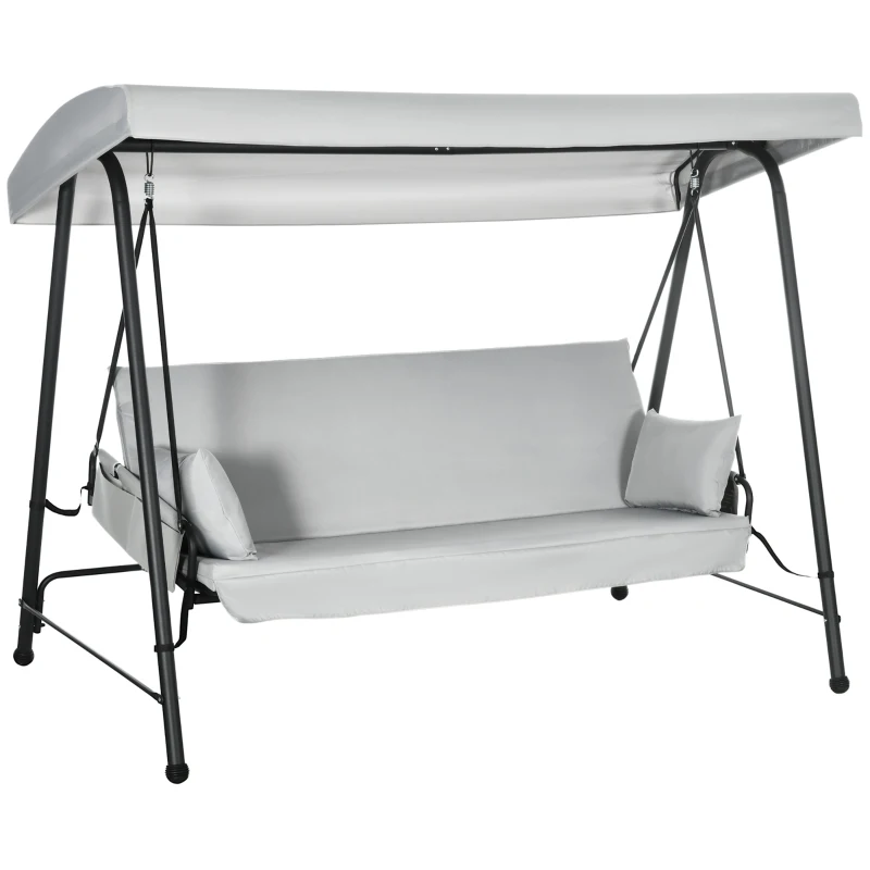 Outsunny Columpio de Jardín de 3 Plazas Convertible en Cama con Toldo Reclinable 2 Cojines y Marco de Acero 236x138x185 cm Gris