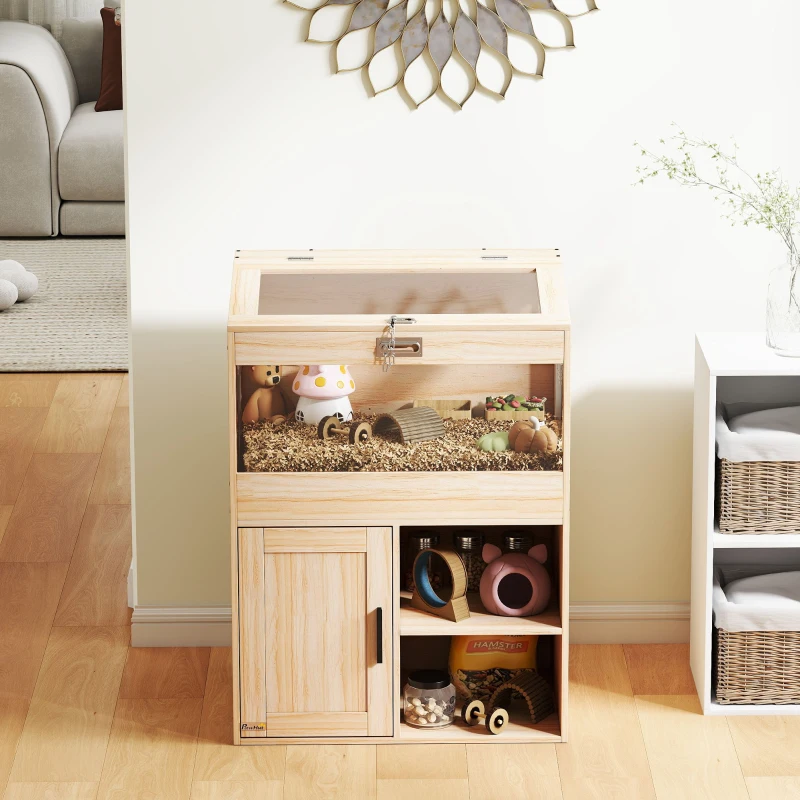 PawHut Cage pour Hamster avec Espace de Rangement Panneaux Acryliques Visibles Étagère Ajustable 60x40x82,5 cm Naturel