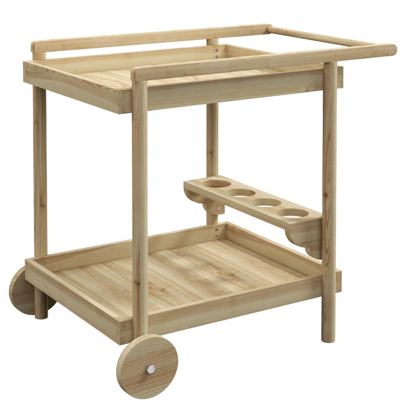 Outsunny Carro de Servicio con 2 Ruedas 2 Estantes 4 Portavasos y Mango para Jardín Terraza Patio 78x58,5x75 cm Natural
