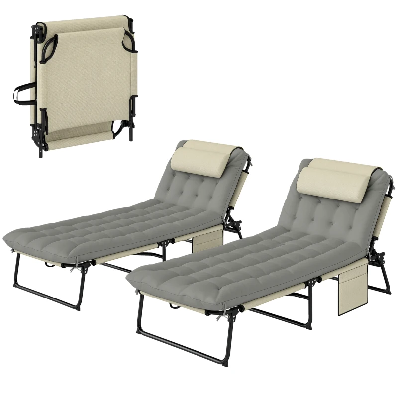 Outsunny Lot de 2 transats bains de soleil pliable avec dossier inclinable 4 positions - appui-tête et matelas épais crème