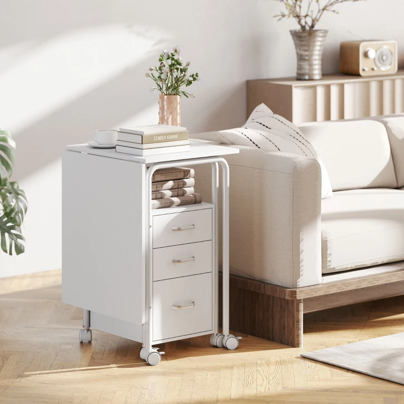 HOMCOM Scrivania per computer pieghevole su ruote, scrivania con ripiani, 3 cassetti, piano estensibile, 105x51x75,5cm, bianco