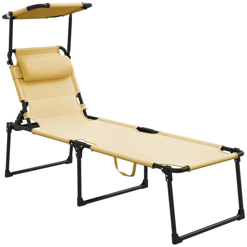 Outsunny Espreguiçadeira Dobrável Espreguiçadeira de Jardim com Toldo Ajustável para Jardim Terraço Piscina 70x200x45 cm Creme