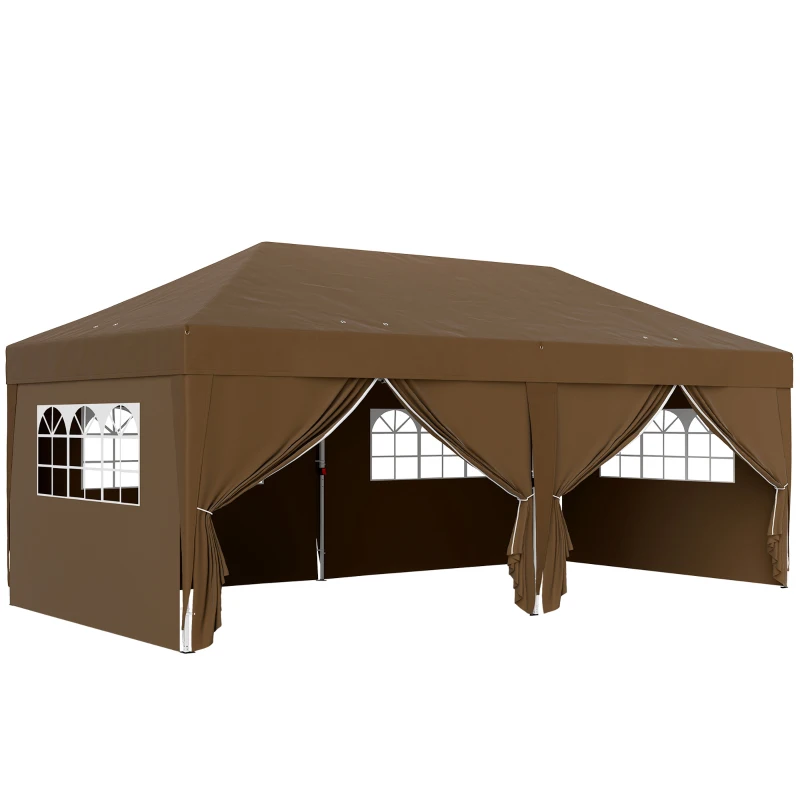 Outsunny Carpa Plegable 6x3 m Gazebo con 6 Paredes Laterales Impermeable Anti-UV y Bolsa de Transporte para Camping Fiesta Café