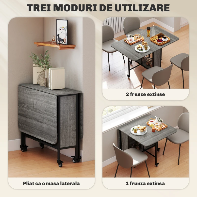 HOMCOM Masă Pliabilă, Rabatabilă pentru 4-6 Persoane cu Raft și 6 Roți, din Lemn și Metal, 130x80x74 cm, Gri