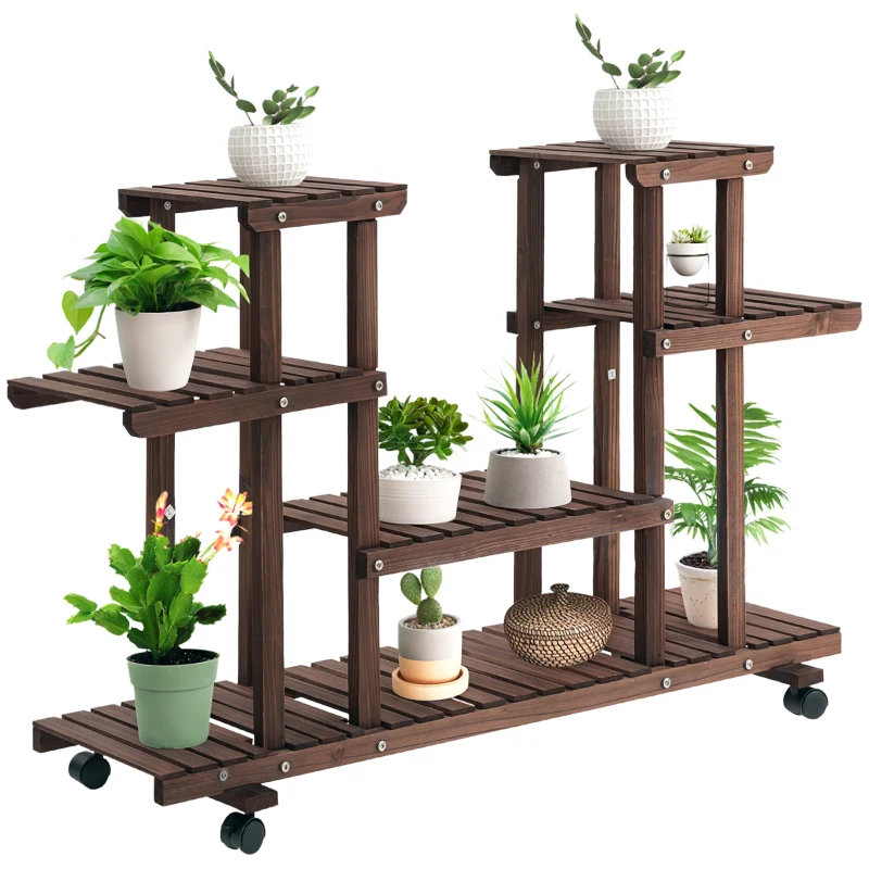 Outsunny Scaffale Portafiori a 4 Livelli, Fioriera da Esterno e Interno in Legno con 4 Ruote, 123.5 x 33 x 80cm