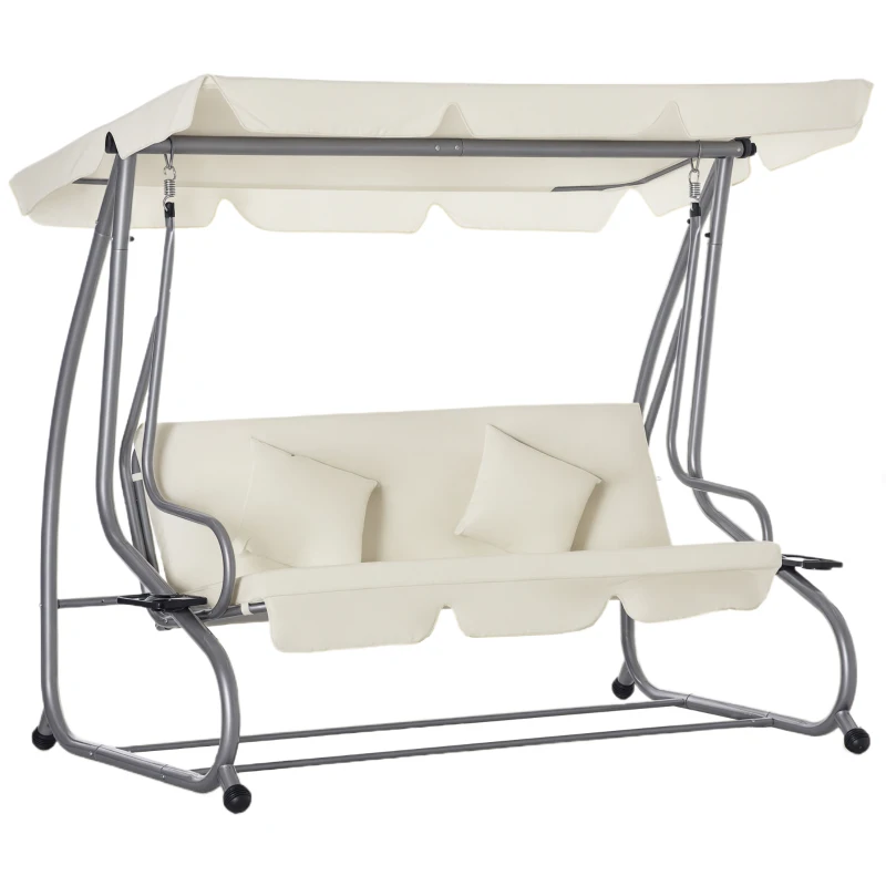 Outsunny Dondolo Letto da Giardino 3 Posti con Tetto Regolabile e 2 Portabicchieri, 200x120x164 cm, Crema