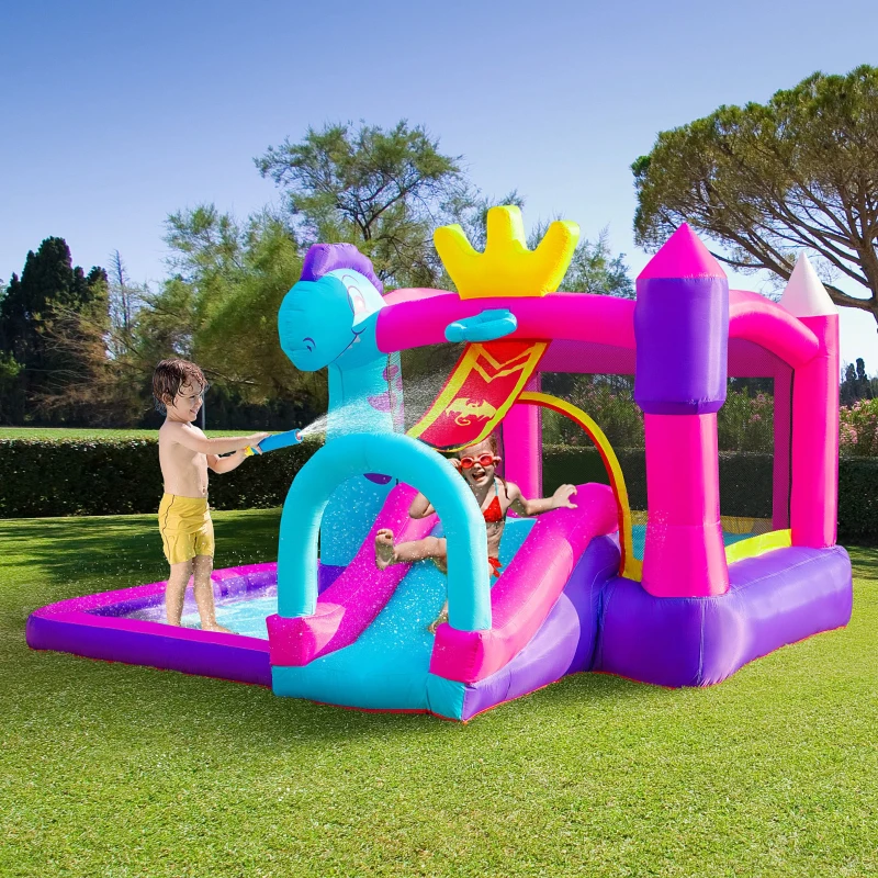 Outsunny Castello Gonfiabile per Bambini 3-8 Anni con Scivolo, Piscina e Trampolino, 3x2.7x2m