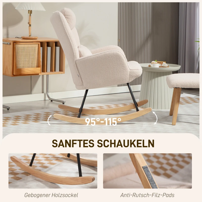 HOMCOM Schaukelstuhl mit Fußhocker, weicher Fleece-Bezug, Holzbeine, Kissen, hohe Rückenlehne, Schaukelsessel, Beige(m-4)