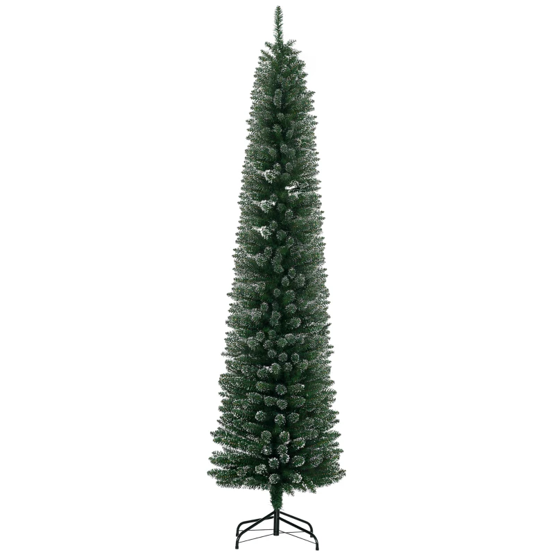 HOMCOM 7.5FT Artificial Snow Dipped Christmas Tree Xmas Pencil Tree Holiday Home Indoor Decoration with Foldable Black Stand, Green