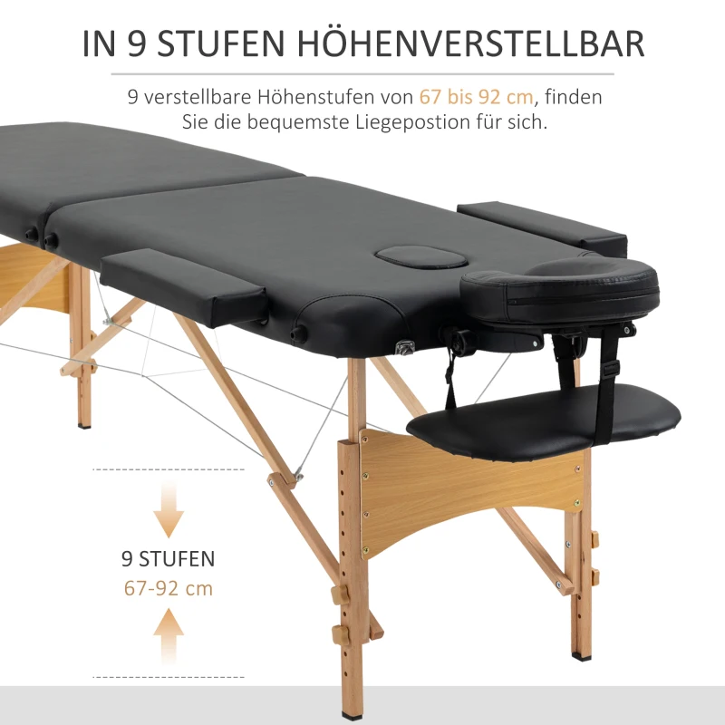 HOMCOM Massagetisch, klappbare Massageliege, höhenverstellbare Massagebank für Spa, Salon, Kunstleder, Holz, Schwarz
