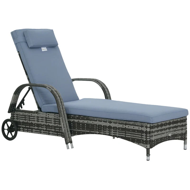 Outsunny Sonnenliege Polyrattan Gartenliege mit 5-Fach verstellbarer Rücklehne, Polsterauflage, Rollen, Kissen, 160 kg belastbar Relaxliege Liegestuhl für Garten, 200x73x30-103cm, Grau