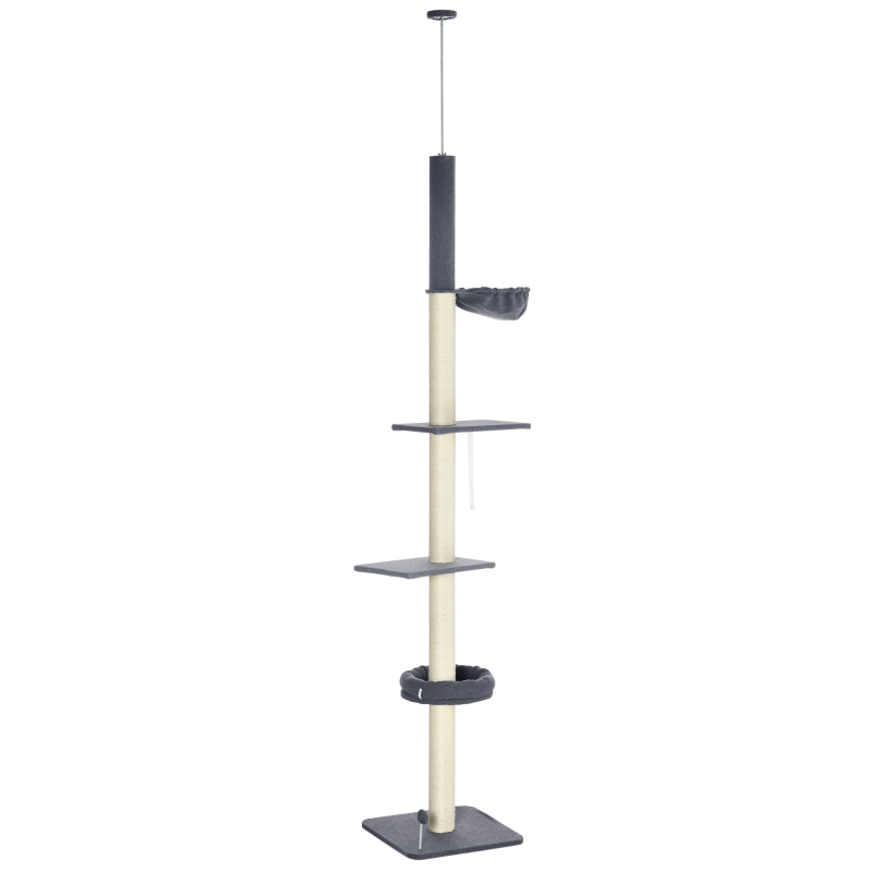 PawHut 240-270cm Floor-To-Ceiling Cat Tree, 5 Tier Cat Climbing Tower, with Bed, Hammock, Platforms, Dark Grey and Cream