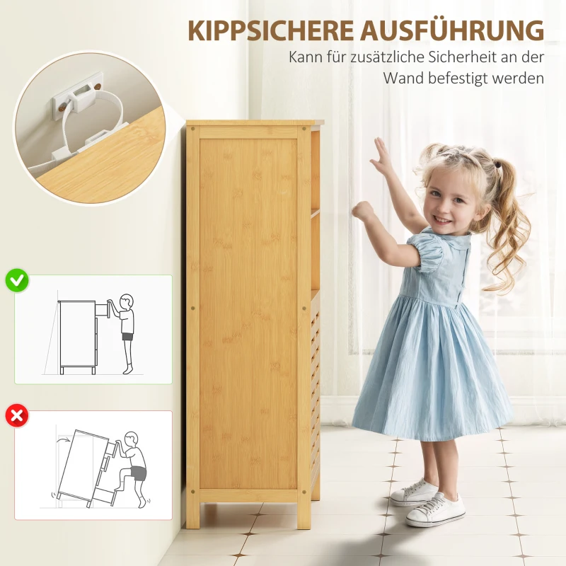 kleankin Badezimmerschrank aus Bambus, mit Lamellentüren, 2 Regale, 1 Schrank, 50 cm x 29 cm x 92 cm, Natur