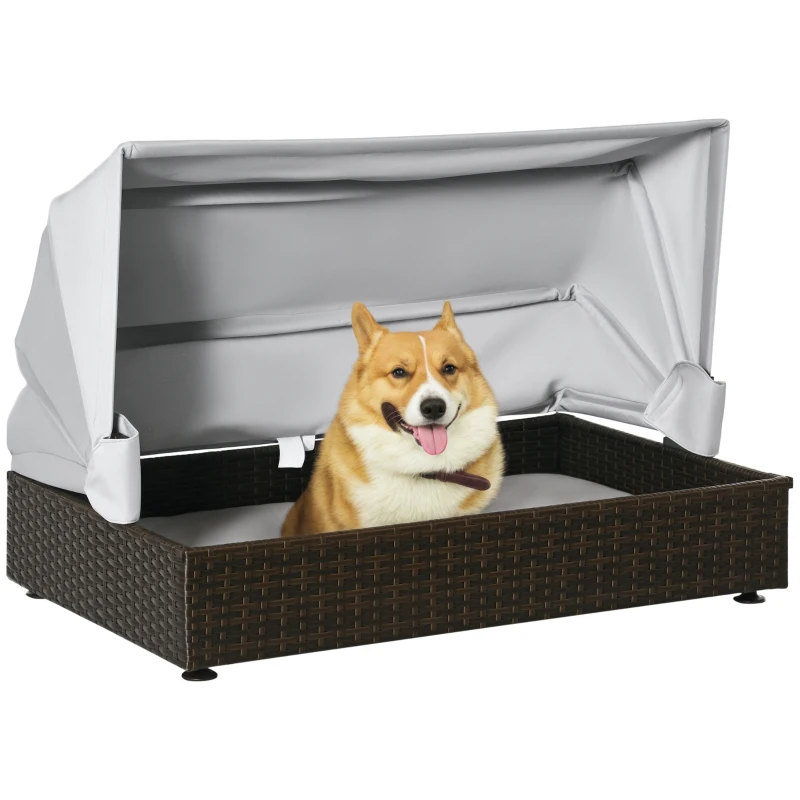 PawHut Rattan Hundehütte mit Dach Hundeliege Hundehaus Haustierbett Hundebett Hundekorb Hundesofa Hunde Outdoor Kissen Kaffee+Grau 90 x 60 x 65 cm