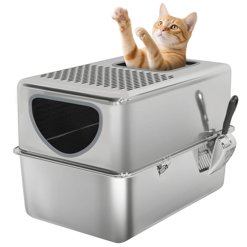 PawHut Arenero para Gatos de Acero Inoxidable XL Arenero con Pala Aberturas Dobles Fácil de limpiar Plata