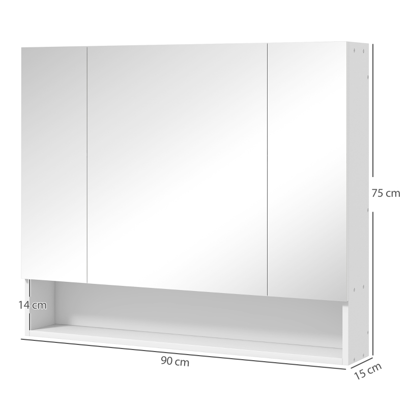 kleankin Armario mural baño con espejo, armario de aseo 3 puertas espejo, estantes ajustables, 90x15x75cm, blanco