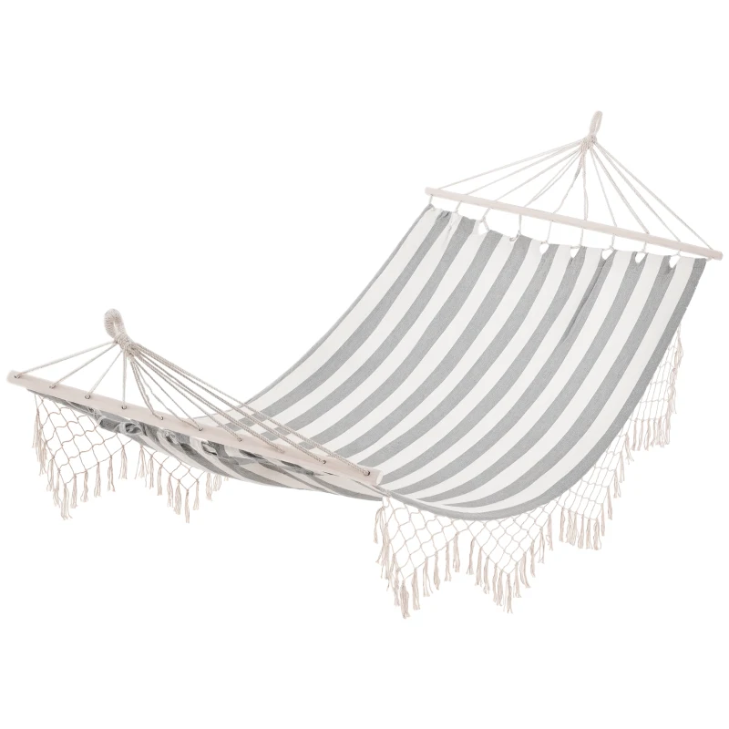 Outsunny Hamac de Voyage Portable Style Hippie Chic Toile de hamac dim. 2L x 1l m Coton Polyester Gris écru rayé