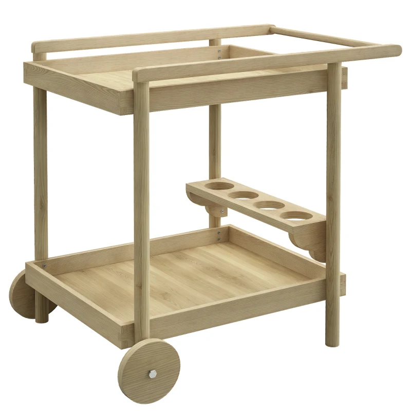 Outsunny Carrinho de Madeira com Rodas com 2 Prateleiras 4 Porta-copos e Alça para Jardim Terraço Pátio 78x58,5x75 cm Natural