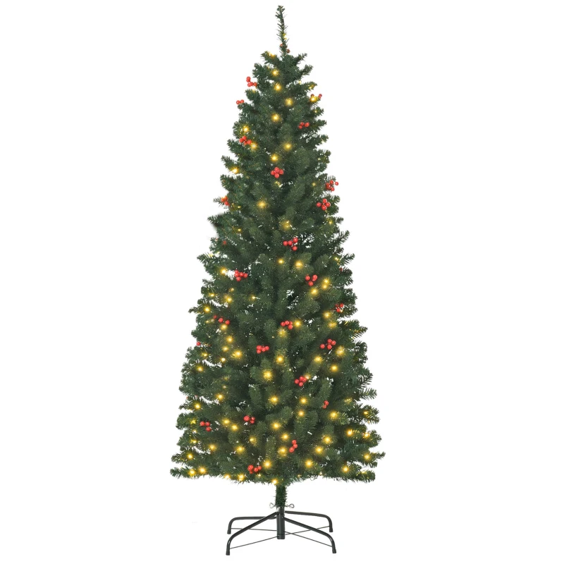 HOMCOM 6FT Prelit Artificial Pencil Christmas Tree with Warm White LED Light, Red Berry, Holiday Home Xmas Decoration, Green