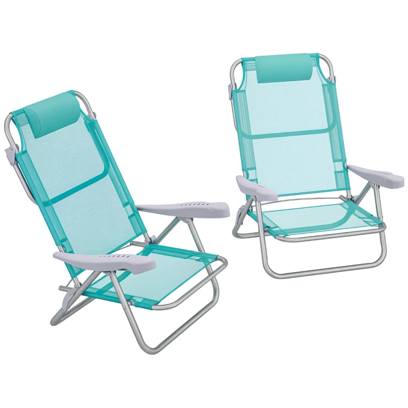 Outsunny Set 2 Scaune de Camping Pliabile cu Tetieră Căptușită și Spătar Reglabil în 6 Poziții, 62x65x80 cm, Albastru