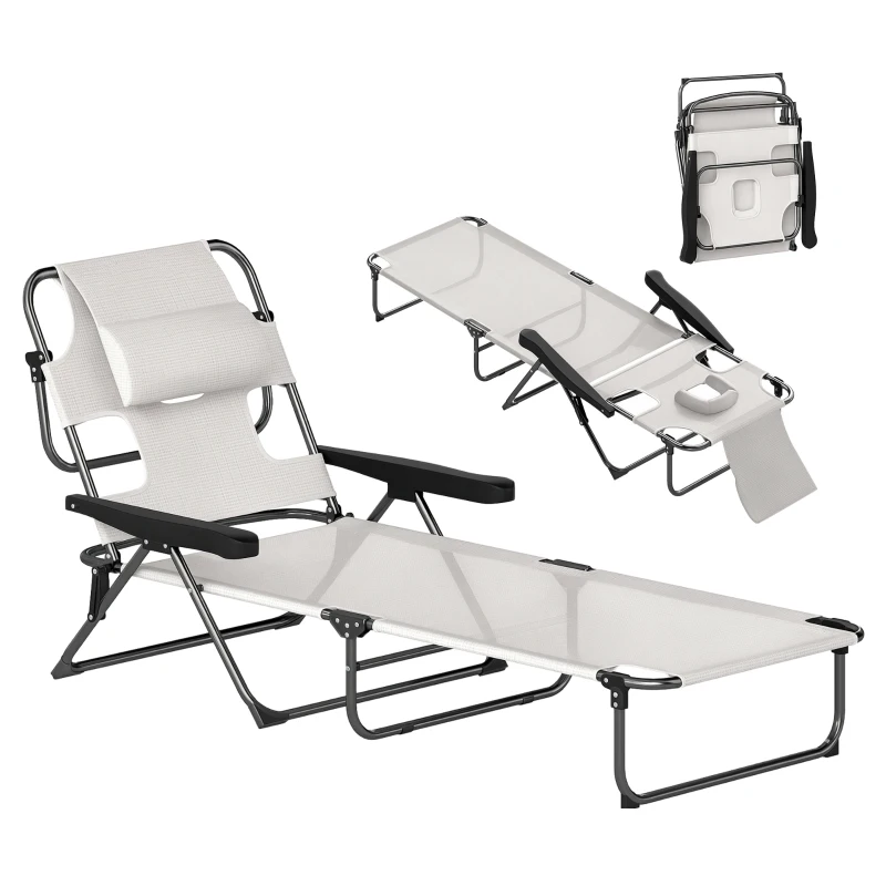 Outsunny Chaise longue de jardin pliante dossier réglable sur 4 niveaux, trou de lecture et appui-tête 72 x 194 x 89 cm crème