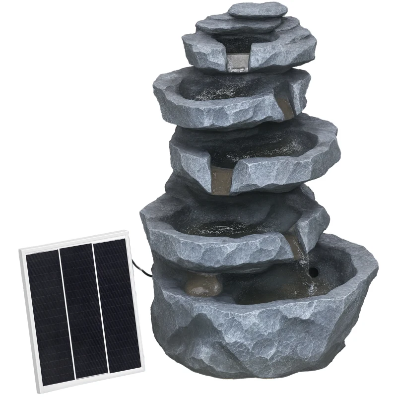 Outsunny Fontaine de jardin à énergie solaire roche en cascade à 5 niveaux en résine avec lumières LED et pompe gris