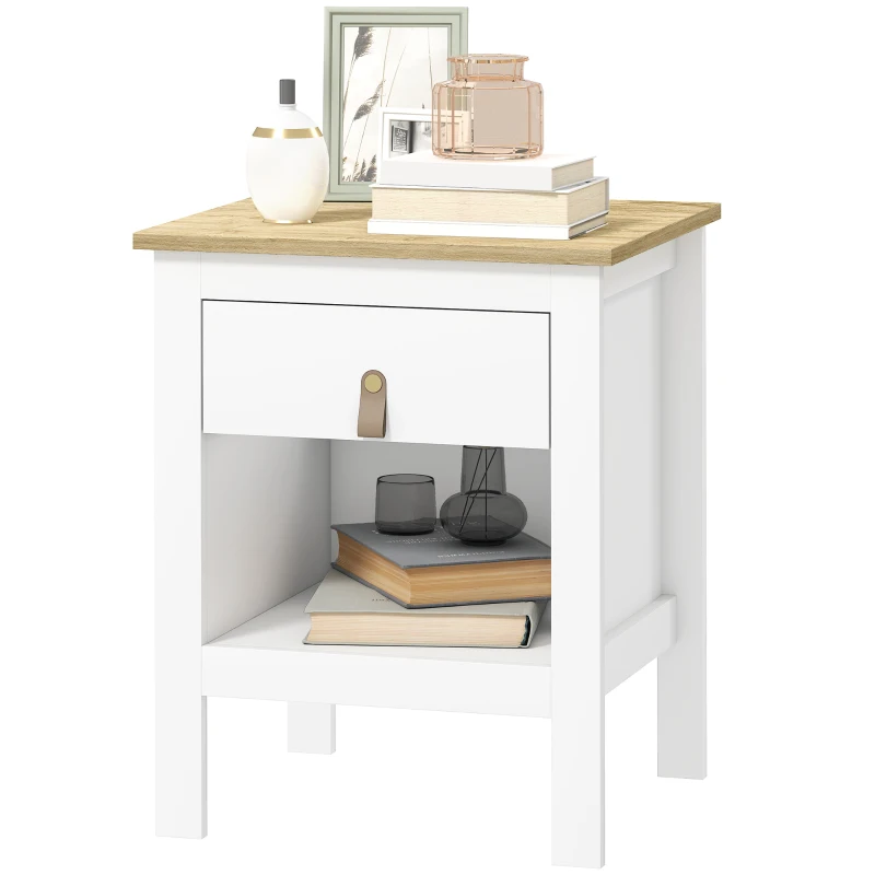 HOMCOM Mesilla de Noche con 1 Cajón Compartimento Abierto Tirador de PU Mesa Auxiliar para Salón Dormitorio 45x40x55 cm Blanco