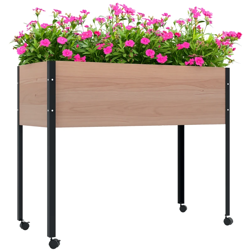 Outsunny Fioriera da Giardino con Fori di Drenaggio e 4 Ruote, in Legno di Abete e Acciaio, 99x42x81 cm
