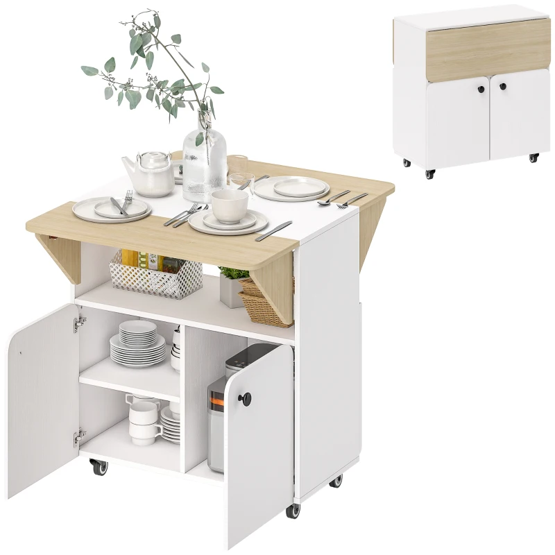 HOMCOM Klapptisch Rollschrank, zwei klappbare Tischseiten, Schrankfach, 4 Rollen, Weiß+Naturholz, 70 x 83 x 75cm(m-10)