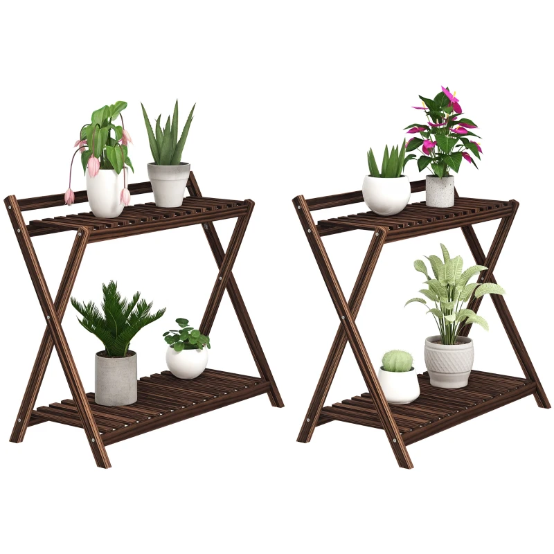 Outsunny Lot de 2 support plantes intérieur 2 niveaux étagères à plants avec support arrière 73 x 36 x 64 cm marron